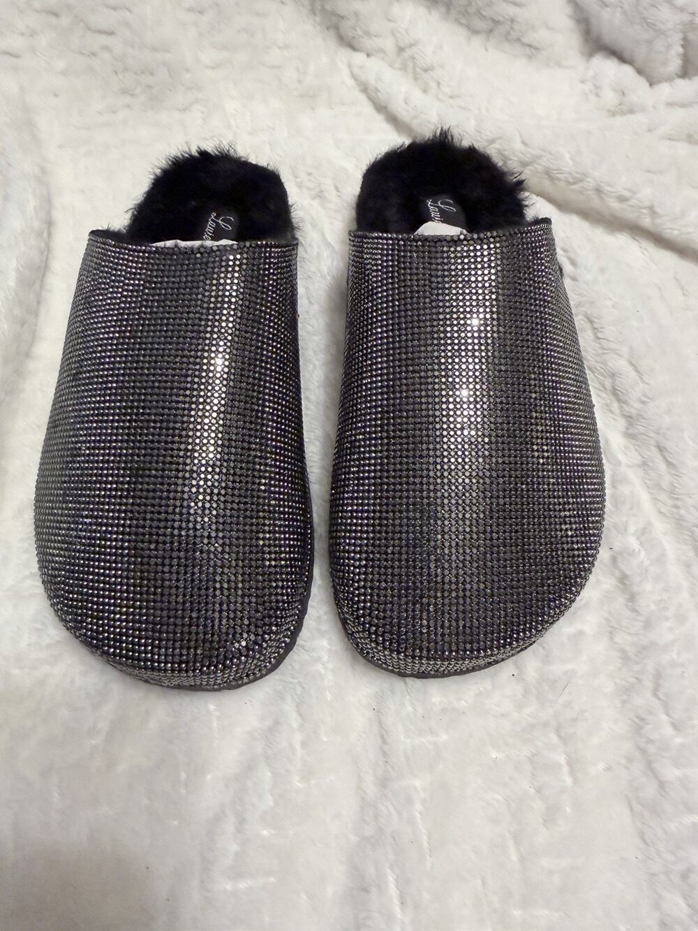 Lauren Lorraine Lizzy Pewter Rhinestone Fur Lined Slip On Mule Clogs Size 6